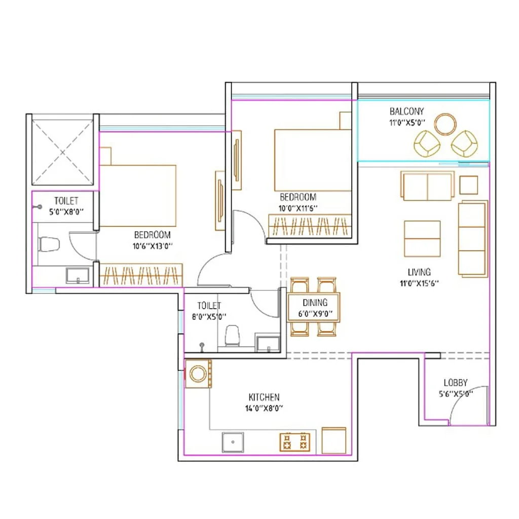 Krisala Hiranandani Evita Hinjewadi Hinjewadi 2 BHK Small Floor Plan Image